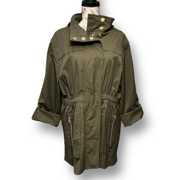 Antonio Melani XL Olive Green Hooded Utility Trench Coat Gold Zip Jacket Fall - Picture 5 of 14